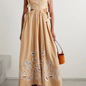 Farm Rio Open-back Scalloped Broderie Anglaise Linen-blend Midi Dress